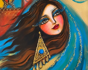 Original acrylic on 22 by 31 cm paper. Iraqi art. Iraqi heritage. Arabian art. Iraqi culture. Beautiful Iraqi women with face tattoos.