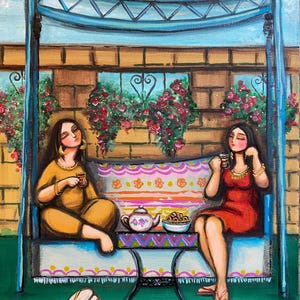 Art irakien original. Thé de l'après-midi dans le jardin. Caractéristiques traditionnelles et culturelles.