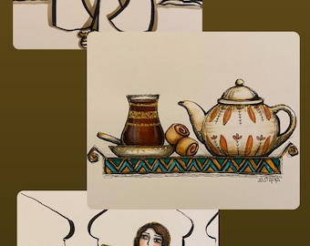 Three coordinated pieces of original Iraqi art/ wall art/ decor/ traditional/ Arabian/ teapot/ gift/ affordable/ 18 by 18 cm on paper