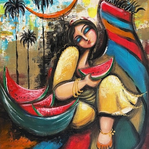 Summer time. Original Iraqi art. Traditional features. Arabian art.