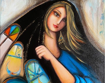 Original acrylic and mixed media on stretched canvas/ traditional Iraqi art/ nostalgia/ shanasheel and domes/ women