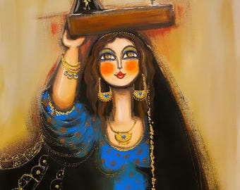Original Iraqi art. A women and a sewing machine. Nostalgia. Arabian and Iraqi culture.