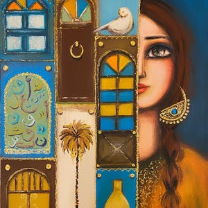 May include: A colourful painting featuring a woman's face partially obscured by a window. The window is made of stained glass with blue, yellow, and orange panes. The background features a series of windows and doors with Arabic calligraphy and a palm tree.