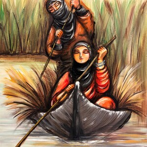 May include: An oil painting depicts two figures in a boat on a waterway. The figures are wearing black head coverings and colorful clothing. They are using long poles to navigate the boat through the water, surrounded by tall reeds.