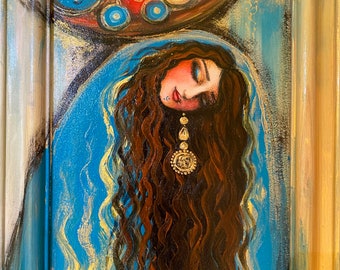 Art irakien original. Acrylique sur planche de bois encadrée de 37 x 28 cm, cadre compris. Nostalgie. Bijoux traditionnels. Art arabe.