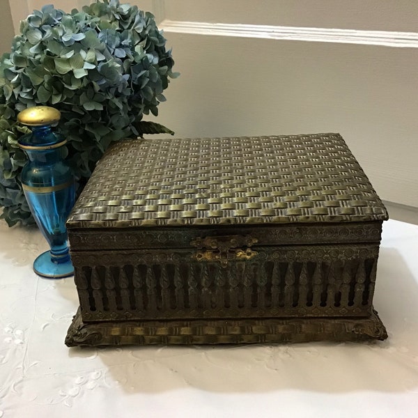 Antique Brass Silk Velvet Jewelry Casket Box With Cloverleaf Mirror - Rare!