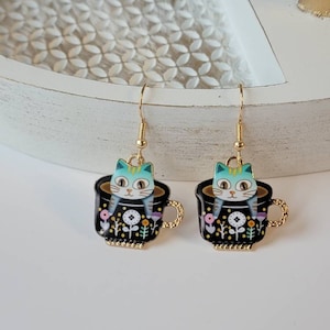 Blue Kitty Teacup Earrings, Cute Cat Dangles, Whimsical Earrings, Gifts for Her, Birthday Gifts, Cat Jewelry image 1