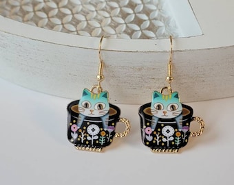 Blue Kitty Teacup Earrings, Cute Cat Dangles, Whimsical Earrings, Gifts for Her, Birthday Gifts, Cat Jewelry