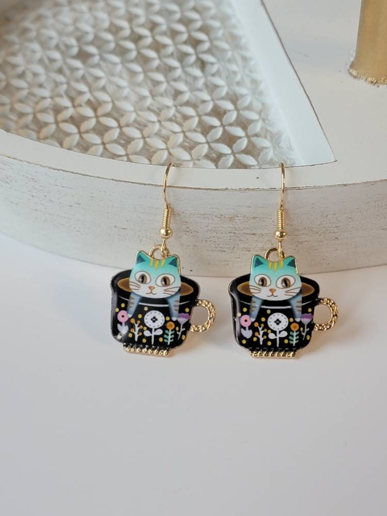 Blue Kitty Teacup Earrings, Cute Cat Dangles, Whimsical Earrings, Gifts for Her, Birthday Gifts, Cat Jewelry image 1