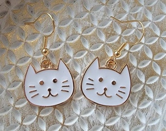 Cute Cat Earrings, White Kitty Dangles, Fun Kitty Jewelry, Crazy Cat Lady, Gifts for Her