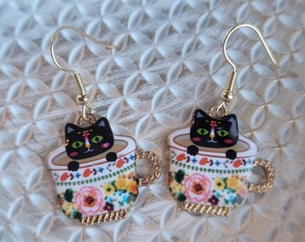 Black Cat Earrings, Kitty in Teacup,  Dangle/Drop, Whimsical Earrings, Gifts for Her, Cat Jewelry, Animal Jewelry, Cat Teacup Earrings