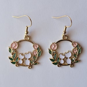 Floral Cat Earrings, Cute Cat Dangles, Gifts for Her, Fun Kitty Dangles, Cat Mom Jewelry, Enamel Kitty Earrings, Cat Lover Gifts