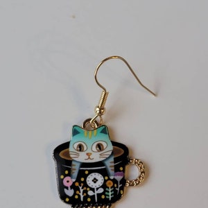 Blue Kitty Teacup Earrings, Cute Cat Dangles, Whimsical Earrings, Gifts for Her, Birthday Gifts, Cat Jewelry image 3