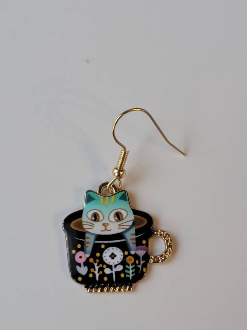 Blue Kitty Teacup Earrings, Cute Cat Dangles, Whimsical Earrings, Gifts for Her, Birthday Gifts, Cat Jewelry image 3