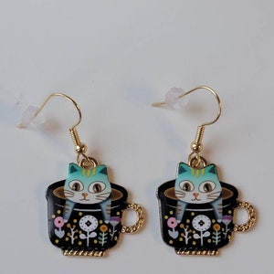 Blue Kitty Teacup Earrings, Cute Cat Dangles, Whimsical Earrings, Gifts for Her, Birthday Gifts, Cat Jewelry image 7