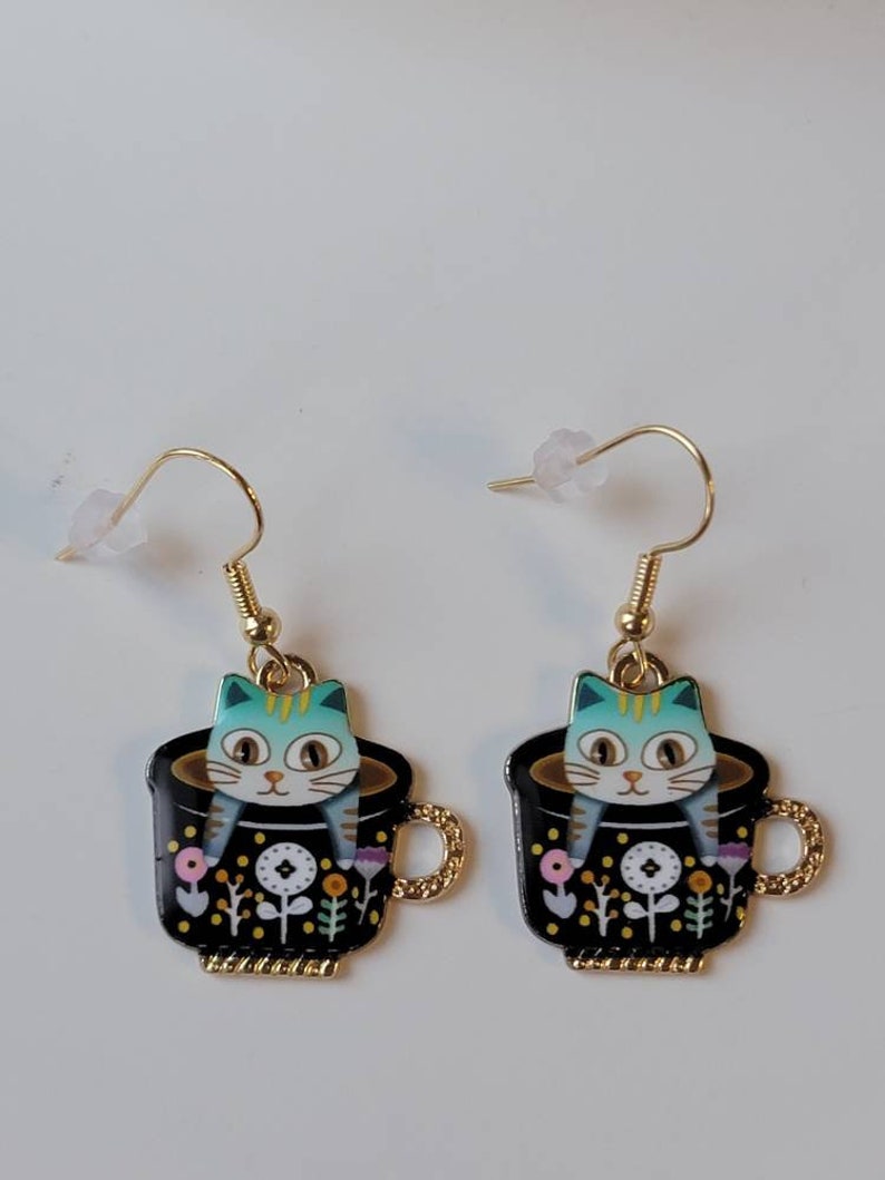 Blue Kitty Teacup Earrings, Cute Cat Dangles, Whimsical Earrings, Gifts for Her, Birthday Gifts, Cat Jewelry image 7