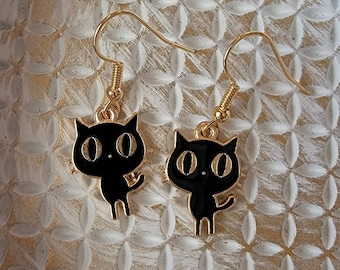 Black Cat Dangle Earrings, Whimsical Kitty, Hypoallergenic