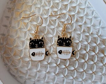 Black Cat Earrings, Cute Cat Earrings, Sweet Kitty Dangles, Fun Kitty Jewelry, Gifts for Her, Whimsical Kitten Dangles