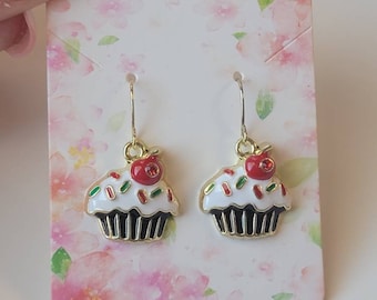 Cute Cupcake Earrings, Fun Summer Dangles, Food Dangles, Enamel Cupcake Earrings, Gifts for Her