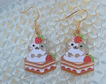 Cute Cat Earrings, Fun Kitty Dangles, Strawberry Cat Dangles, Enamel Kitty Earrings, Gifts for Her, Kitten Lover Gifts