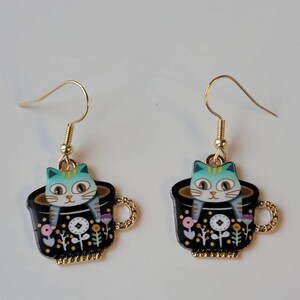 Blue Kitty Teacup Earrings, Cute Cat Dangles, Whimsical Earrings, Gifts for Her, Birthday Gifts, Cat Jewelry image 4