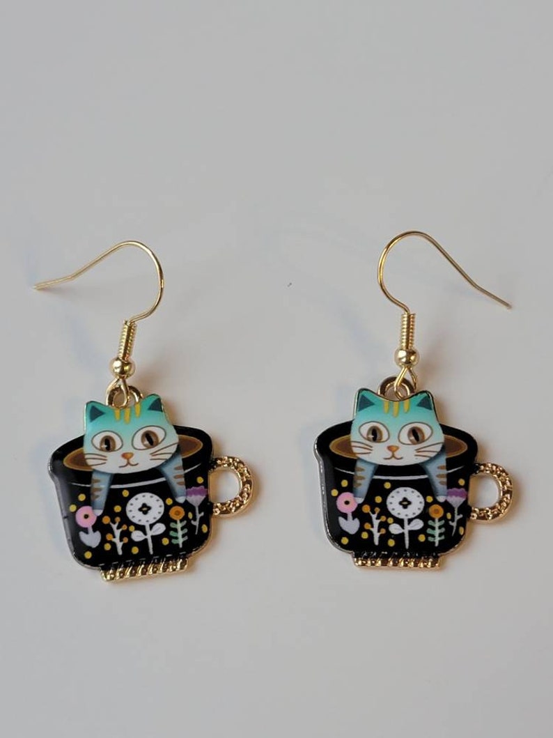 Blue Kitty Teacup Earrings, Cute Cat Dangles, Whimsical Earrings, Gifts for Her, Birthday Gifts, Cat Jewelry image 4