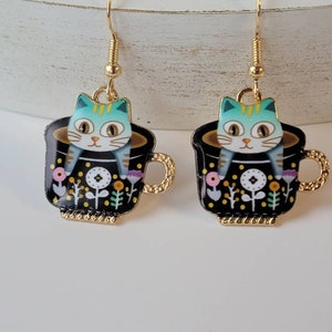 Blue Kitty Teacup Earrings, Cute Cat Dangles, Whimsical Earrings, Gifts for Her, Birthday Gifts, Cat Jewelry image 10