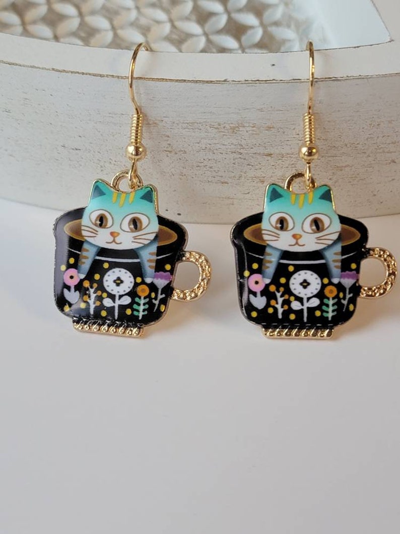 Blue Kitty Teacup Earrings, Cute Cat Dangles, Whimsical Earrings, Gifts for Her, Birthday Gifts, Cat Jewelry image 10