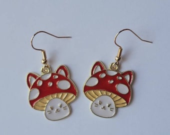Cute Cat Earrings, Mushroom Cat Dangles, Fun Kitty Earrings, Gifts for Her, Kitty Lover Gifts