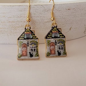 Tiny Cottage Earrings, Black Cat Dangles, Fun Earrings, Gifts for Her, Cute Cat Jewelry