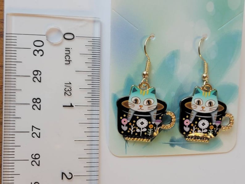 Blue Kitty Teacup Earrings, Cute Cat Dangles, Whimsical Earrings, Gifts for Her, Birthday Gifts, Cat Jewelry image 8