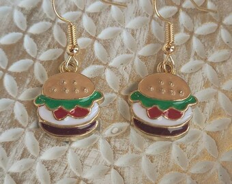 Cute Burger Earrings, Fun Burger Dangles, Gifts for Her, Enamel Food Earrings, Food Dangles