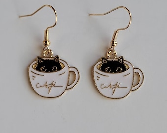 Coffee Cup Cat Earrings, Cute Black Cat Dangles, Kitty Lover Jewelry, Cute Kitty Earrings