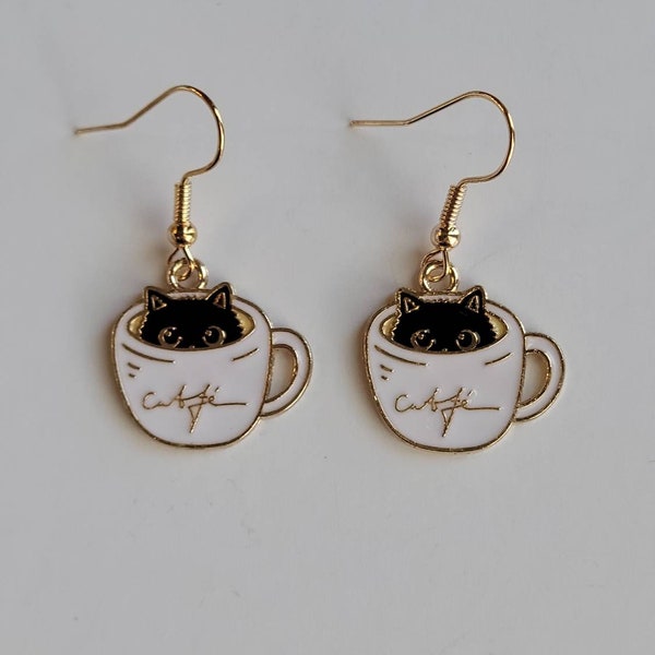 Coffee Cup Cat Earrings, Cute Black Cat Dangles, Kitty Lover Jewelry, Cute Kitty Earrings