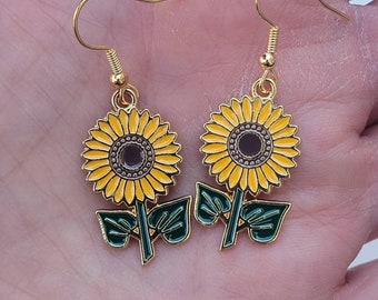 Sunflower Enamel Earrings, Pretty Flower Dangles, Sunflower Dangles, Fun Summer Earrings, Gifts for Her