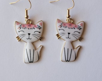 White Cat Earrings, Enamel Cat Earrings, Cute Kitty Dangles, Gifts for Kitty Lovers, Gifts for Her, Animal Jewelry, Floral Kitten Dangles