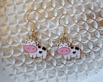 Cute Cow Earrings, Whimsical Cow Dangles, Gifts for Her, Fun Animal Earrings, Enamel Farm Animal Earrings, whimsical Cow Earrings