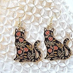 Floral Cat Earrings, Enamel Cat Dangles, Cute Kitty Earrings,  Kitty Jewelry, Cat Lover Gifts, Crazy Cat Lady, Gifts for Her