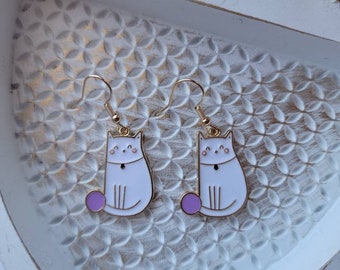 Cute Cat Dangles, White Kitty Earrings, Fun Kitty Jewelry, Crazy Cat Lover Gifts, Gifts for Her