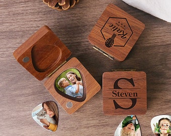 Custom Photo Guitar Pick with Holder Box | Personalized Wooden Guitar Picks Case | Musicians Gift for Him | Father's Day Birthday Music Gift