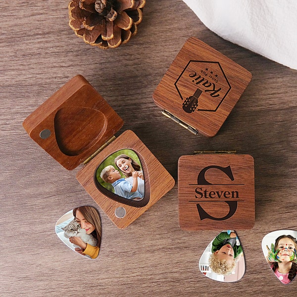 Custom Photo Guitar Pick with Holder Box | Personalized Wooden Guitar Picks Case | Musicians Gift for Him | Father's Day Birthday Music Gift