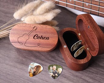 Custom Photo Guitar Pick with Holder Box | Personalized Wooden Guitar Picks Case | Musicians Gift for Him | Father's Day Birthday Music Gift