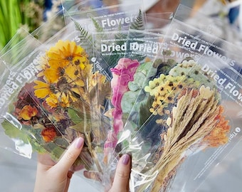May include: Several clear plastic packages of dried flowers are held in a person's hands. The packages contain various dried flowers in shades of yellow, pink, and brown. Text on the packages reads "Dried Flowers".