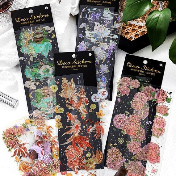 Floral Hot Stamping Stickers, Waterproof PET, Junk Journal (2 sheets)