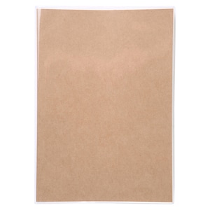 May include: A brown paper sheet is encased in a clear plastic sleeve. The paper is textured and has a slight sheen.