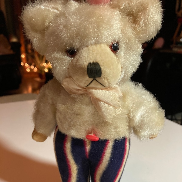 Vintage Teddy Bear antique 8” tall with stripped pants red button bow straw stuffed white beige bear old toy collectible