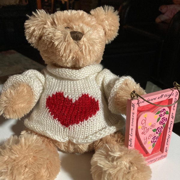 Animal Adventure vintage plush tan teddy bear wearing a crochet heart sweater 10” stuffed soft animal with wood sign Love Bears all