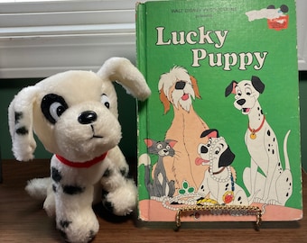 Lucky Pup Walt Disney vintage hardback children’s book with 1970’s vintage plush stuffed Dalmatian dog