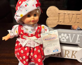 My Bean-Bag Doll 8” baby doll in red white dress and bonnet blond hair blue blinking sleep eyes cloth bean body vintage with tags
