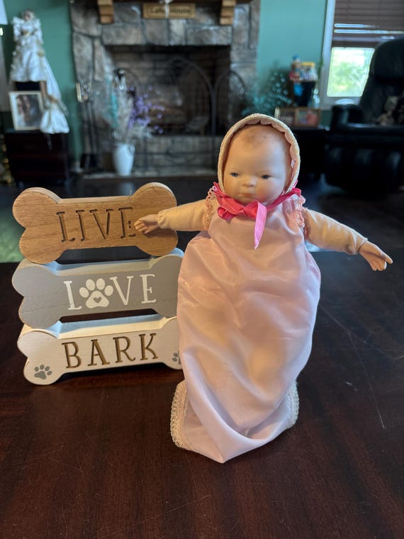 Vintage Collection 9” Porcelain Cloth Doll Infant Pink 10” Gown